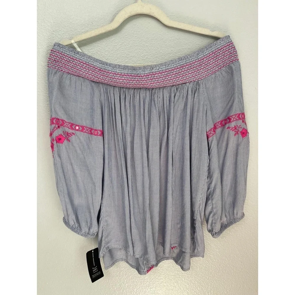 INC Off the Shoulder Blue with Hot Pink Embroidered Smocked Size S Bohemian Chic - Picture 10 of 10